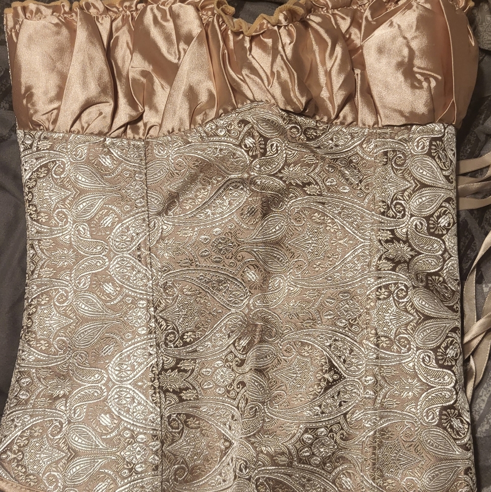 Classic Brocade Overbust Side Zipper Closure Corset-M GOLD